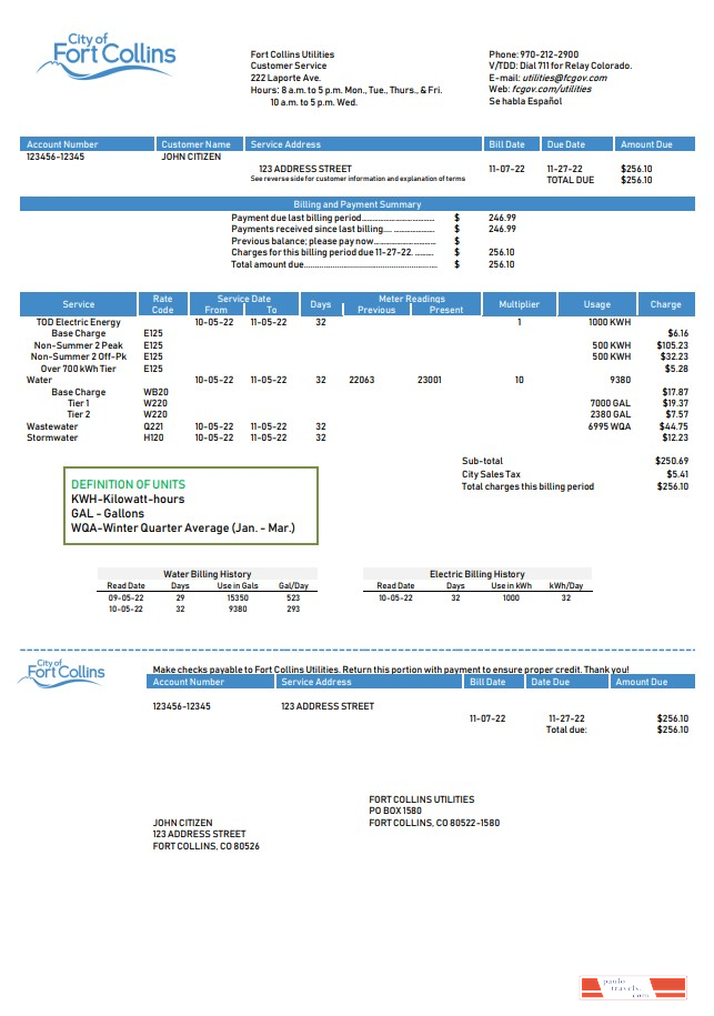USA Colorado Fort Collins Utilities utility bill template in Word and PDF format